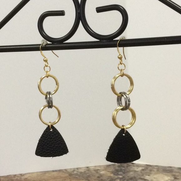 14K Gold & Black Leather Earrings - Picture 2 of 5